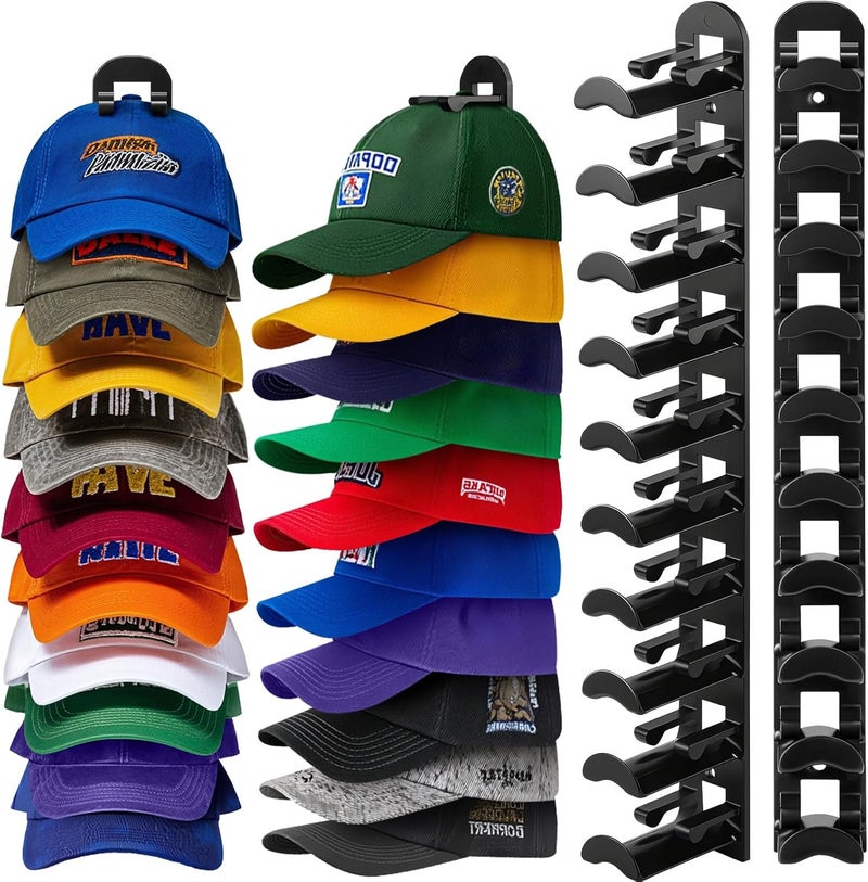 Hatisan Hat Hook for Wall, 2 Pack Hat Organizer Hold up to 20 Hats,Hat Holder with Strong Adhesive and 8 Pack Screws, Cap Holder Hat Hangers for Wall Closet Door and Bedroom(B-Black) - Image 1
